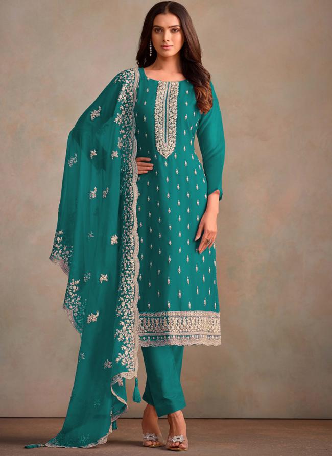 Organza Turquoise Festival Wear Sequins Work Straight Suit